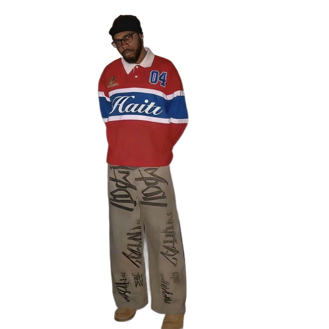 Camiseta Masculina Manga Longa com Bordado Haiti — Estilo Retrô Americano Hip-Hop - fardyStore