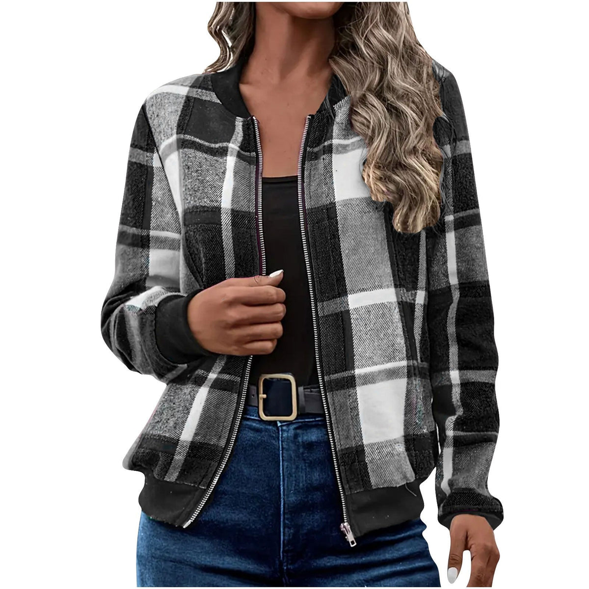 Jaqueta feminina de manga comprida estampada xadrez com zíper - fardyStore