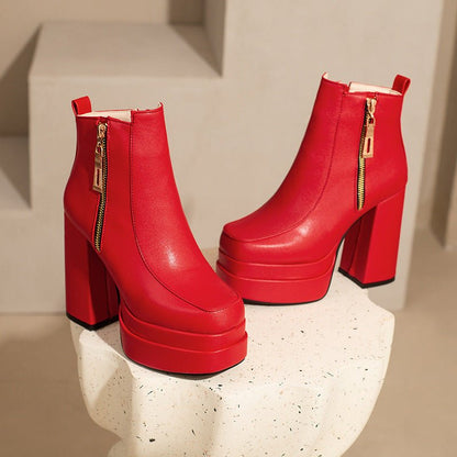 Bota Ankle Feminina Bico Quadrado com Salto Grosso Estilo Europeu e Americano - fardyStore