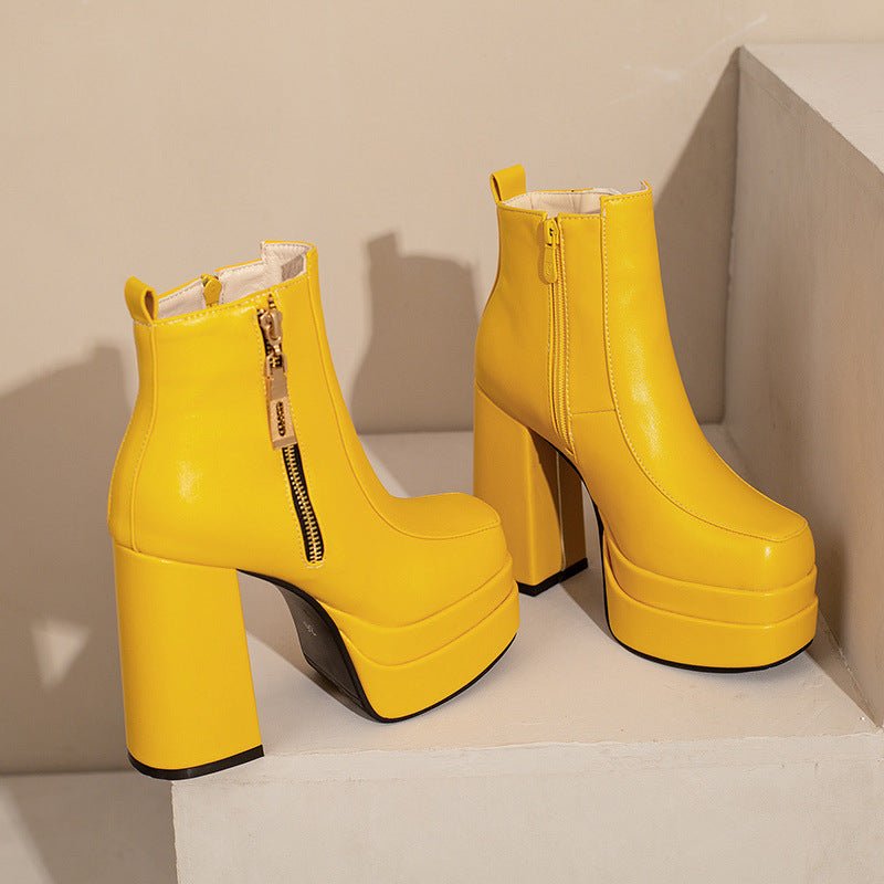 Bota Ankle Feminina Bico Quadrado com Salto Grosso Estilo Europeu e Americano - fardyStore
