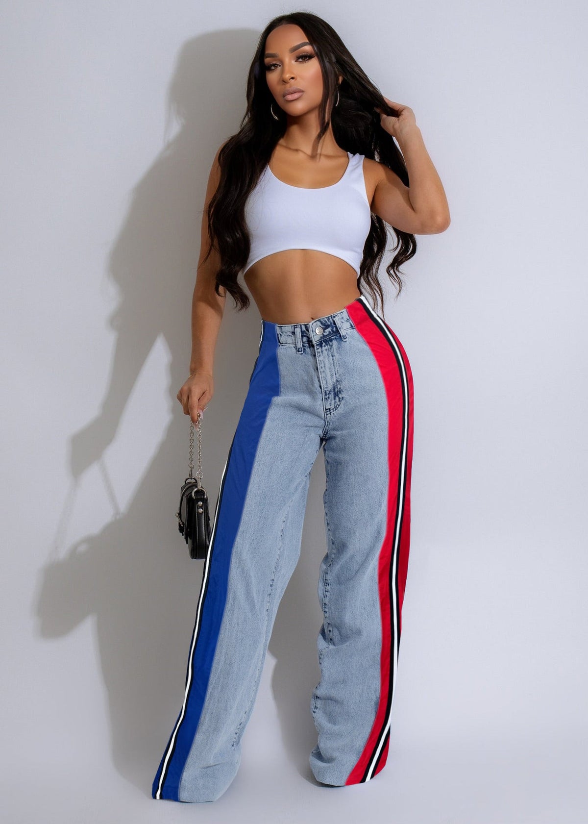 Calça Jeans Patchwork Listrada com Contraste Estiloso - fardyStore
