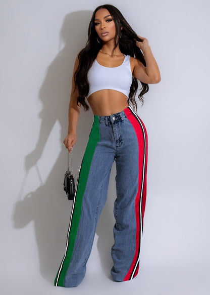 Calça Jeans Patchwork Listrada com Contraste Estiloso - fardyStore