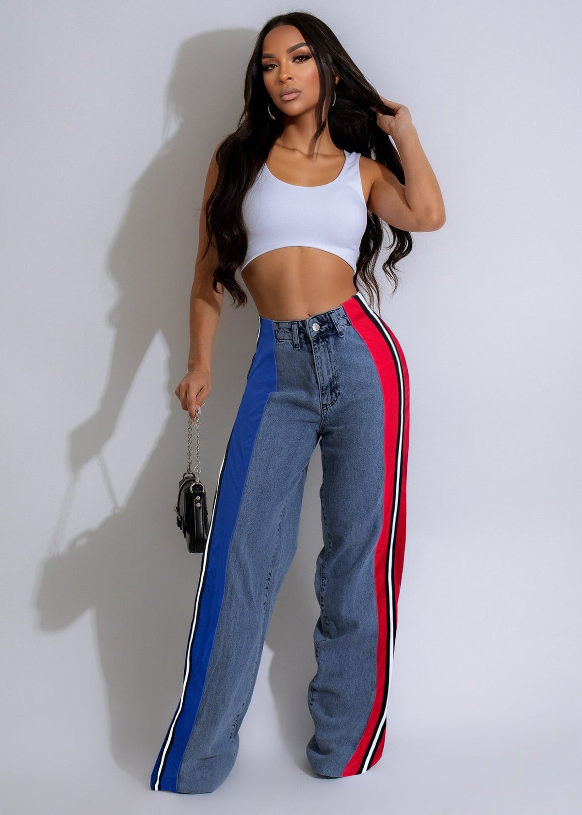 Calça Jeans Patchwork Listrada com Contraste Estiloso - fardyStore