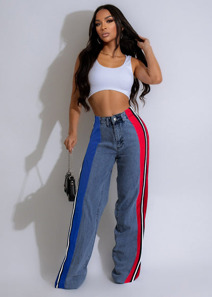 Calça Jeans Patchwork Listrada com Contraste Estiloso - fardyStore