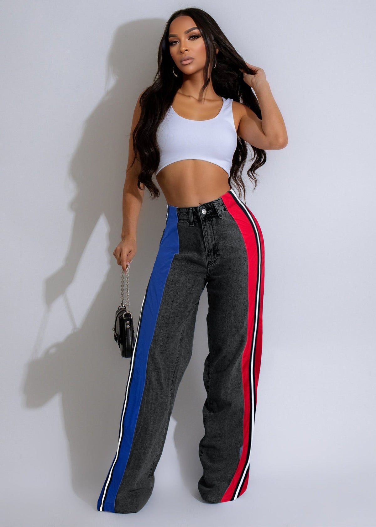 Calça Jeans Patchwork Listrada com Contraste Estiloso - fardyStore