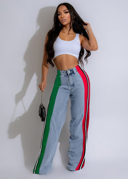 Calça Jeans Patchwork Listrada com Contraste Estiloso - fardyStore