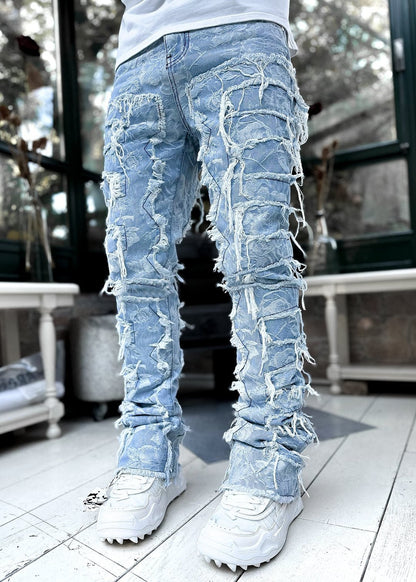 Calças rasgadas calças remendadas individuais calças compridas aprtadas atacadas jeans homens - fardyStore