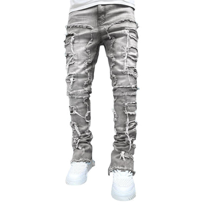 Calças rasgadas calças remendadas individuais calças compridas aprtadas atacadas jeans homens - fardyStore