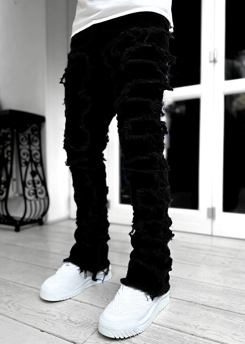 Calças rasgadas calças remendadas individuais calças compridas aprtadas atacadas jeans homens - fardyStore