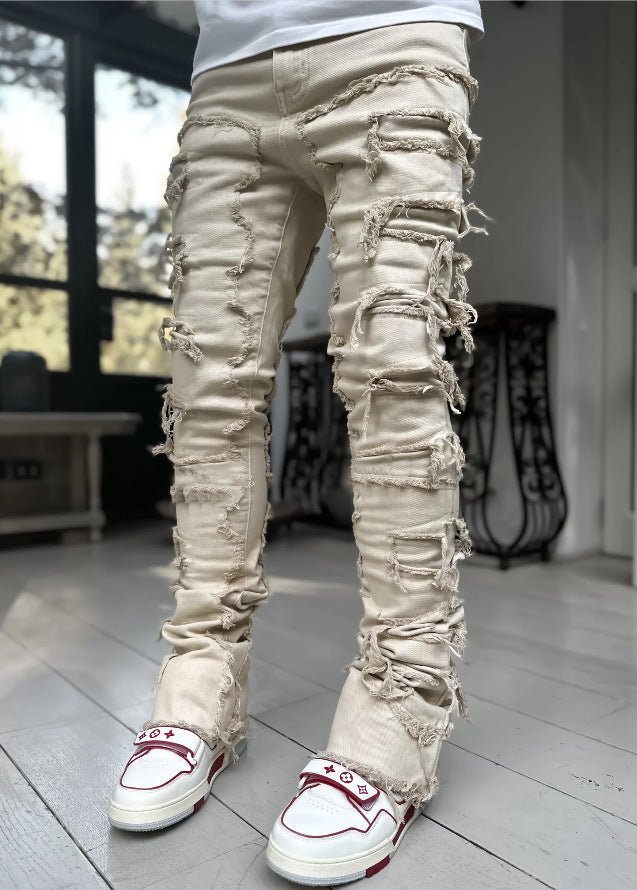 Calças rasgadas calças remendadas individuais calças compridas aprtadas atacadas jeans homens - fardyStore