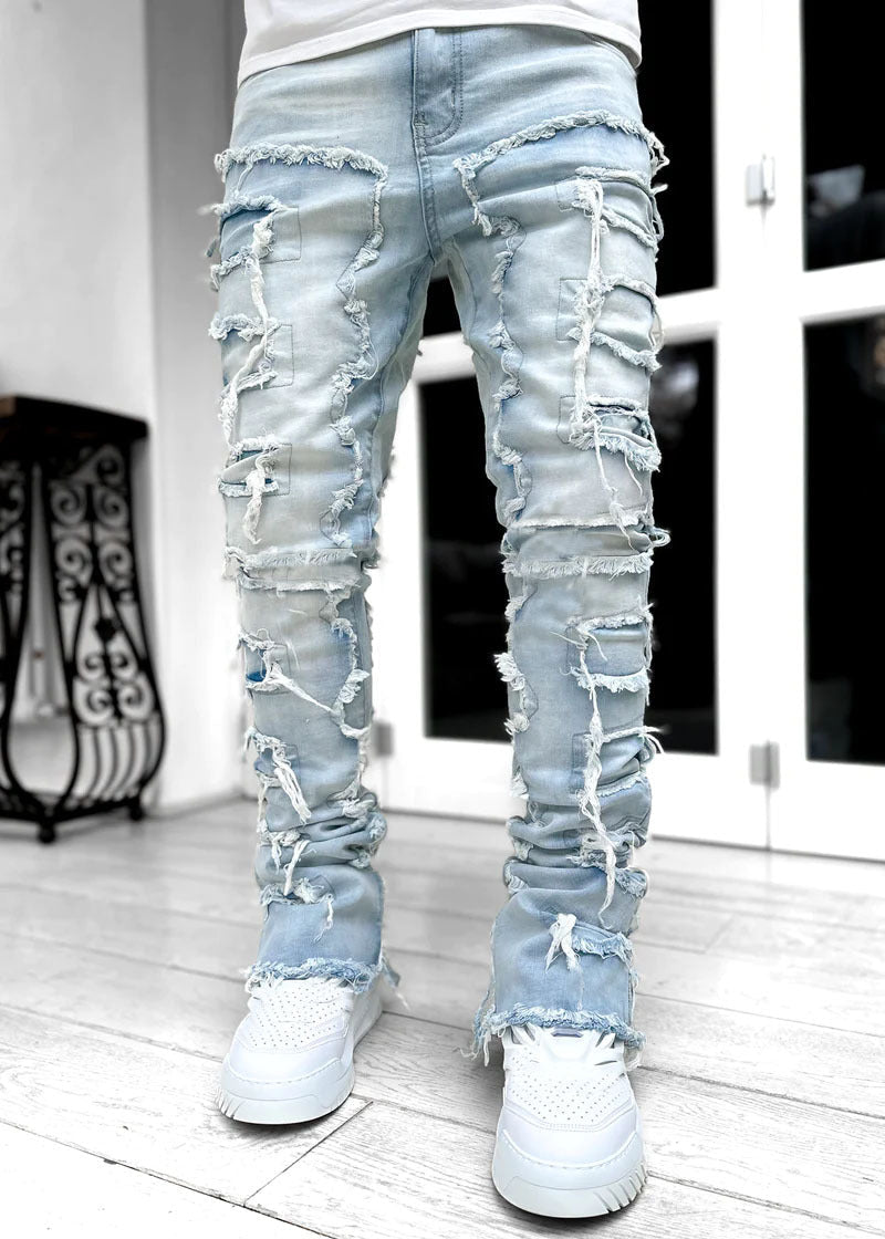 Calças rasgadas calças remendadas individuais calças compridas aprtadas atacadas jeans homens - fardyStore
