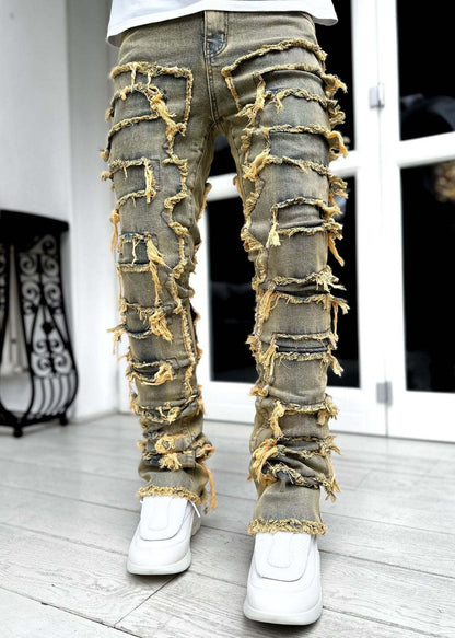 Calças rasgadas calças remendadas individuais calças compridas aprtadas atacadas jeans homens - fardyStore