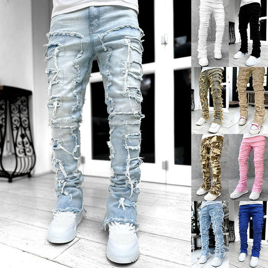 Calças rasgadas calças remendadas individuais calças compridas aprtadas atacadas jeans homens - fardyStore