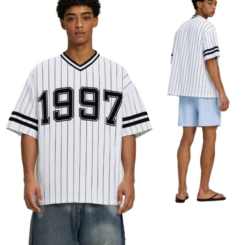 Camiseta manga curta para homen, design listrado de ajusto solto - fardyStore