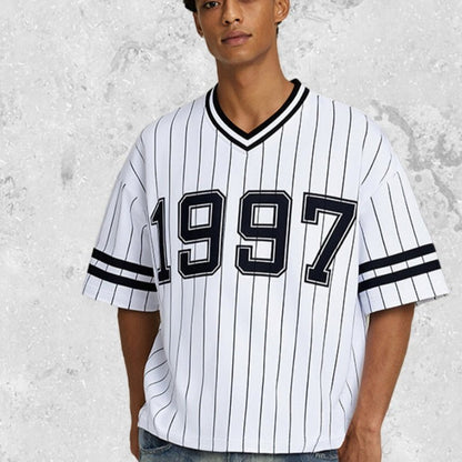 Camiseta manga curta para homen, design listrado de ajusto solto - fardyStore