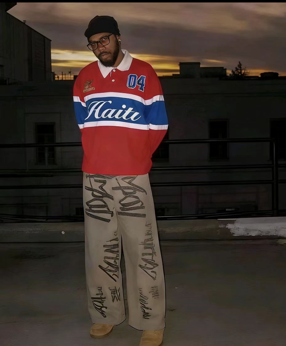 Camiseta Masculina Manga Longa com Bordado Haiti — Estilo Retrô Americano Hip-Hop - fardyStore