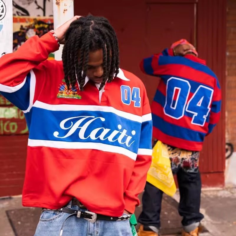 Camiseta Masculina Manga Longa com Bordado Haiti — Estilo Retrô Americano Hip-Hop - fardyStore