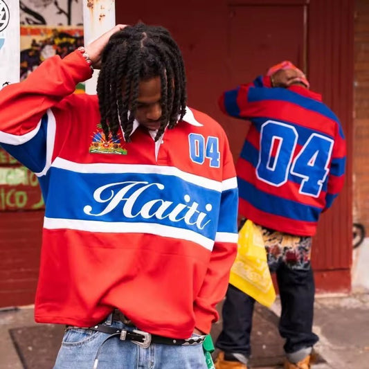 Camiseta Masculina Manga Longa com Bordado Haiti — Estilo Retrô Americano Hip-Hop - fardyStore