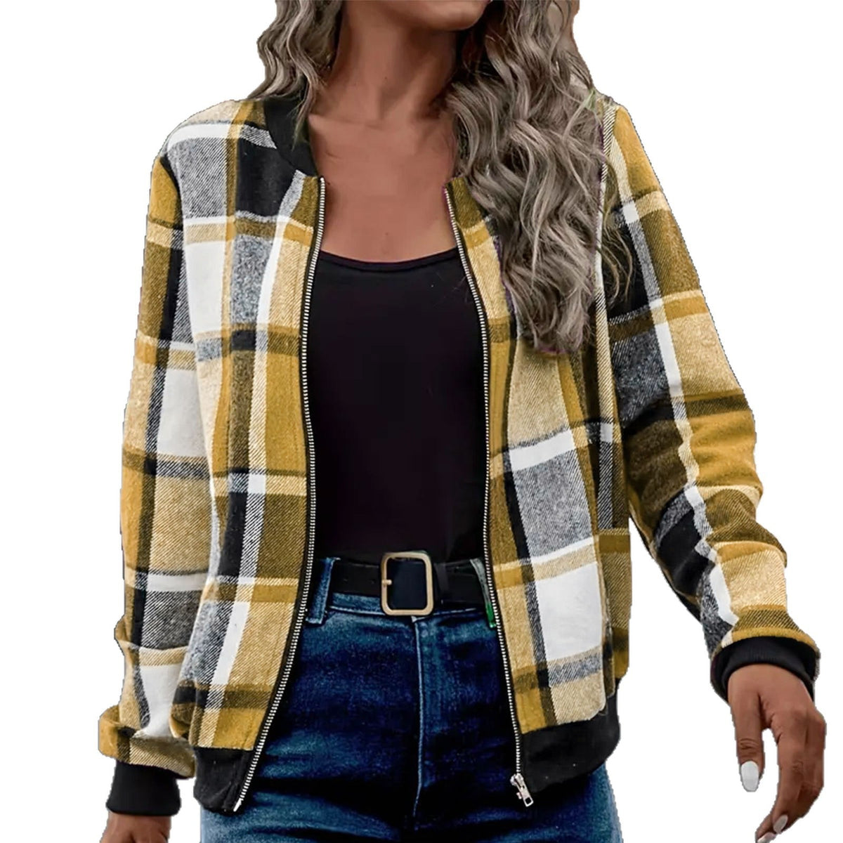 Jaqueta feminina de manga comprida estampada xadrez com zíper - fardyStore