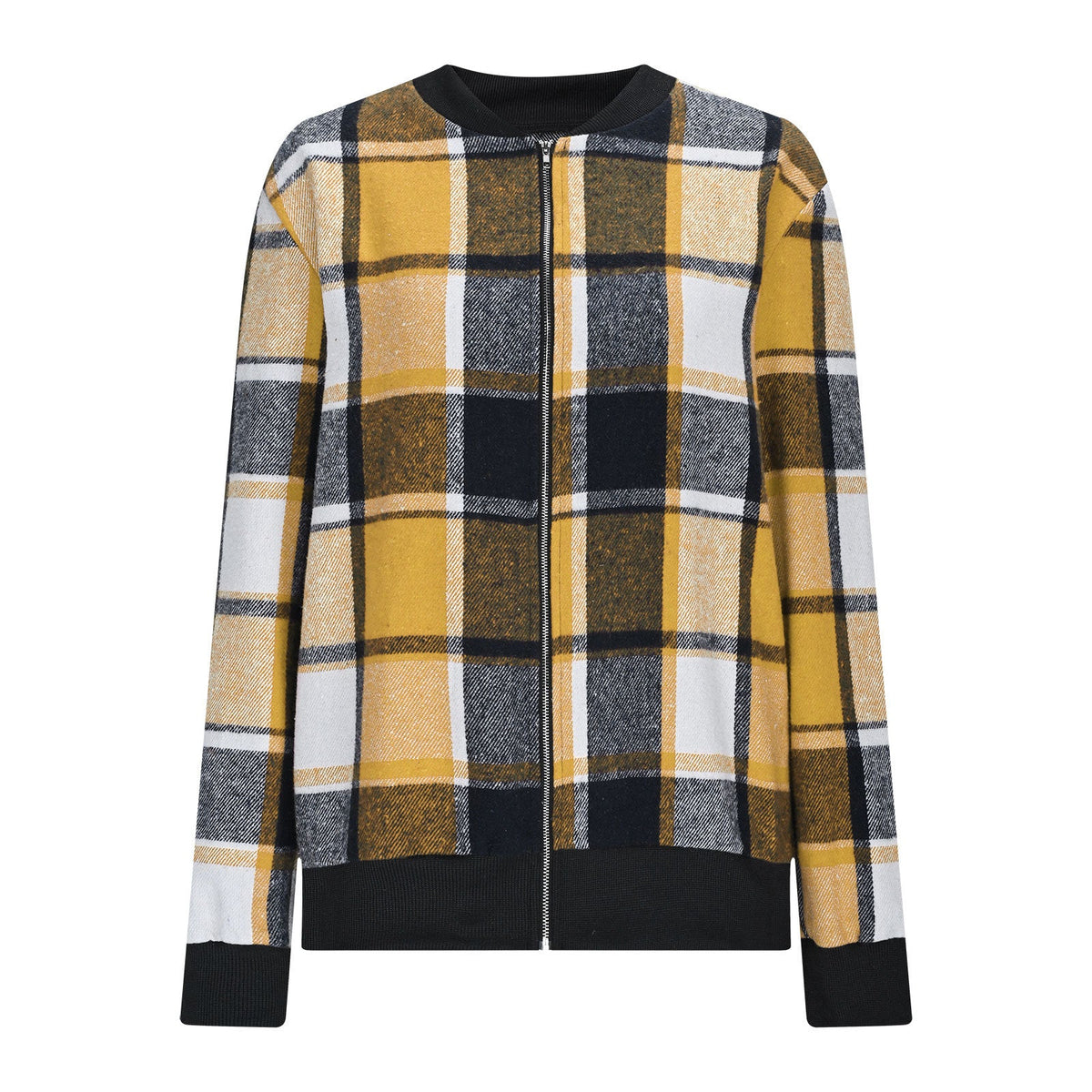 Jaqueta feminina de manga comprida estampada xadrez com zíper - fardyStore