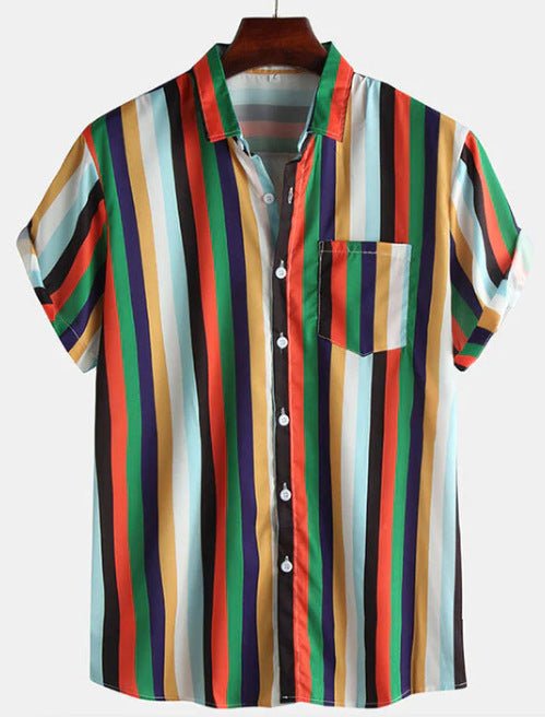 top de camisa de manga curta com listras soltas da moda masculina - fardyStore