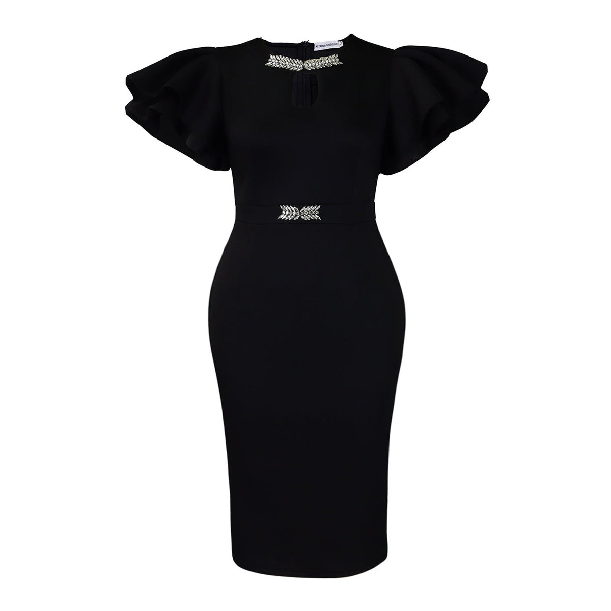 Vestido de bainha embalezado em strass com manga com babados de gola redonda de verão - fardyStore