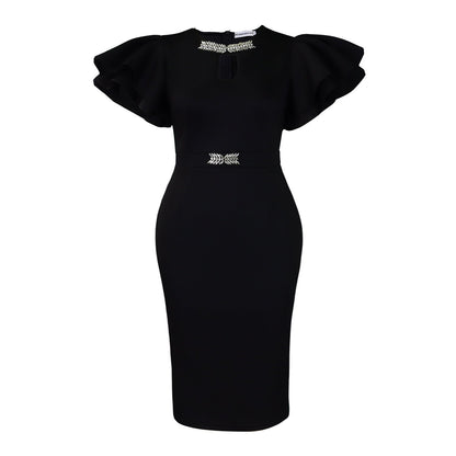 Vestido de bainha embalezado em strass com manga com babados de gola redonda de verão - fardyStore