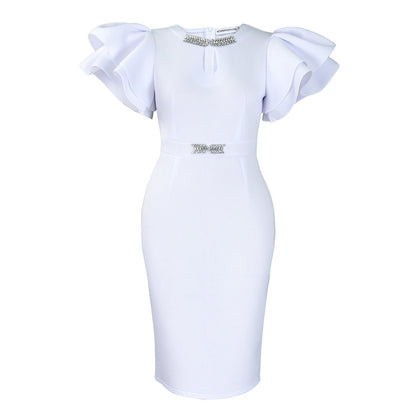 Vestido de bainha embalezado em strass com manga com babados de gola redonda de verão - fardyStore
